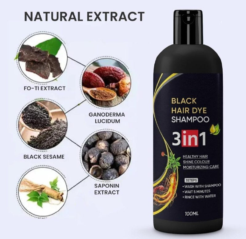 Herbal 3 in 1 Dye Instant Black Hair Shampoo for Women & Men Organic Shampoo Herbal 3 in 1 Dye Instant Black 100% Coverage
