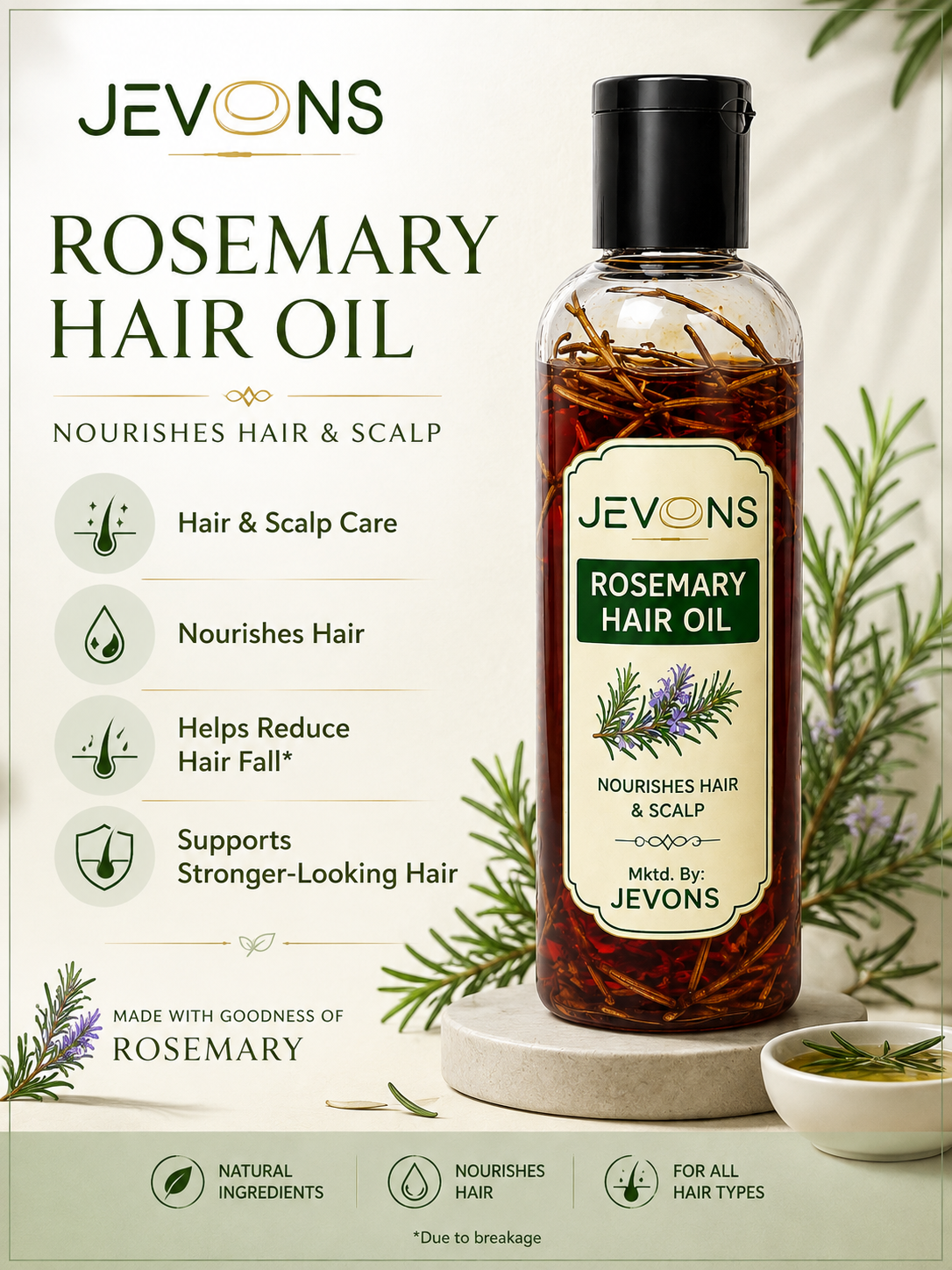 JEVONS Rosemary Hair Growth Oil with Rosemary & Methi Dana | Hair Nourishing Oil for Healthy, Strong & Fuller-Looking Hair | 100ml