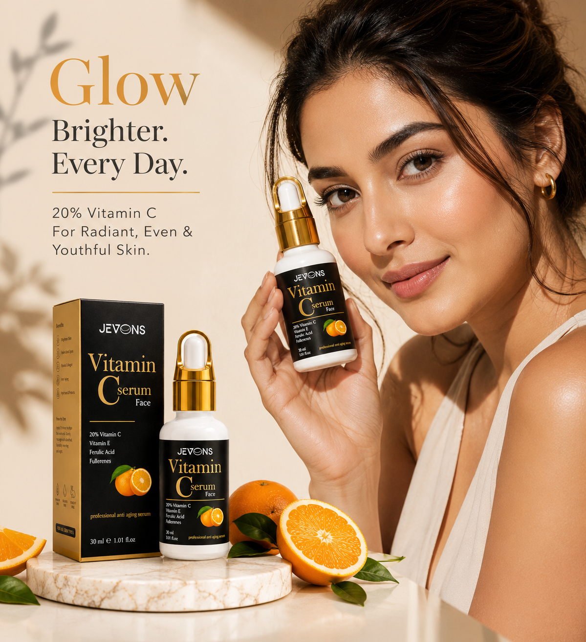 JEVONS 10% Advanced Vitamin C Serum | Brightening & Dark Spot Care for Glowing, Even-Looking Skin | Stable Vitamin C | 30ml