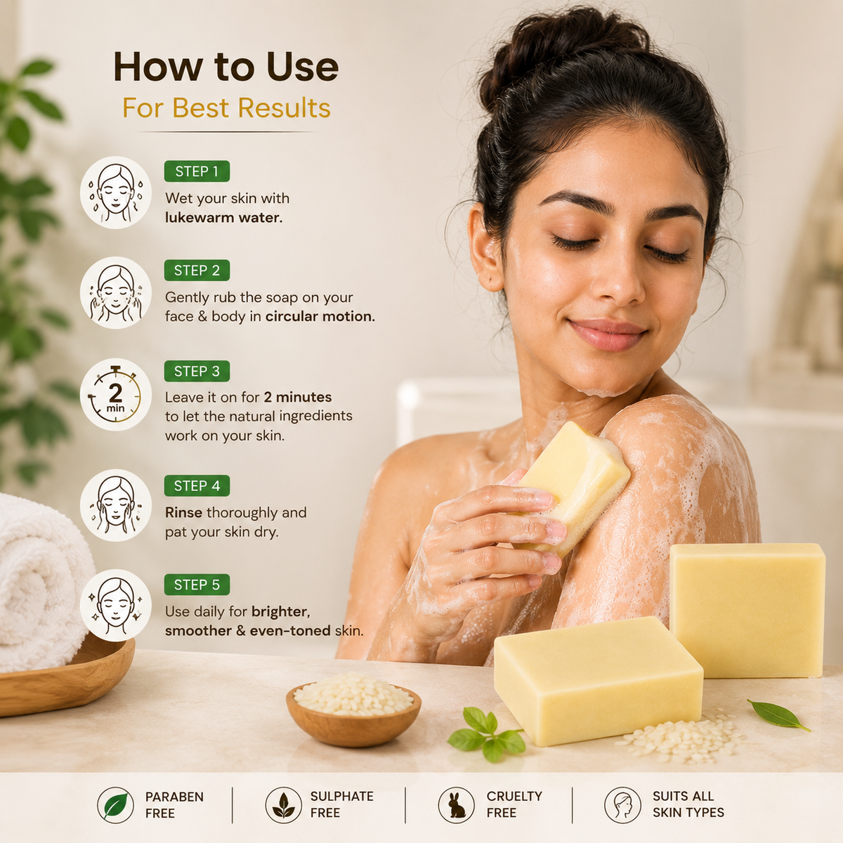 JEVONS Rice Water Brightening Soap | Glowing Skin Herbal Soap for Face & Body | 100g