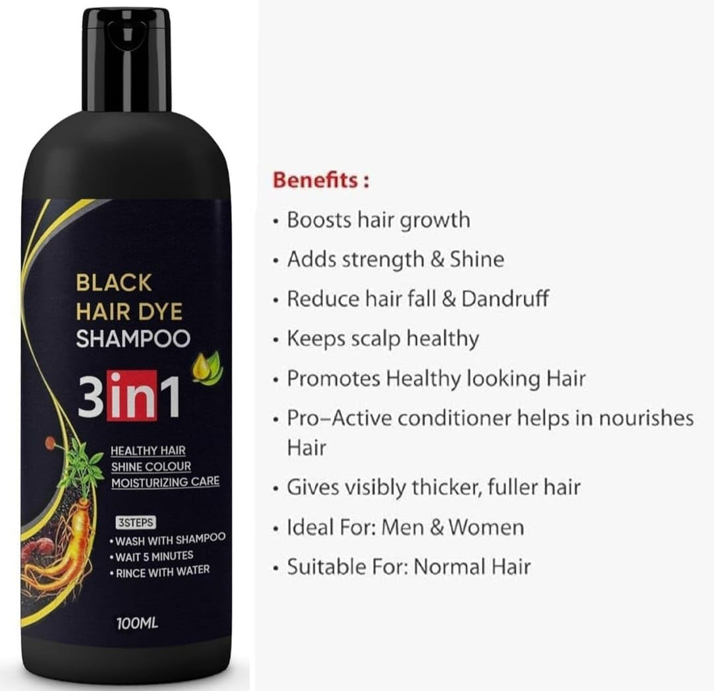 Herbal 3 in 1 Dye Instant Black Hair Shampoo for Women & Men Organic Shampoo Herbal 3 in 1 Dye Instant Black 100% Coverage